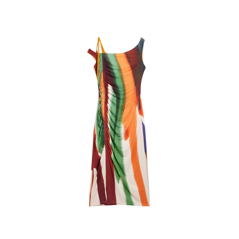 Desigual brown striped sleeveless midi dress with bold green orange red and white print ruched side detail polyester elastane