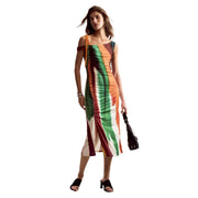 Desigual brown striped sleeveless dress in polyester elastane with vibrant vertical stripes and ruched sides