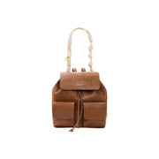 Desigual brown women bag with tan leather, floral embossed pattern, braided straps, and front pockets from spring summer collection