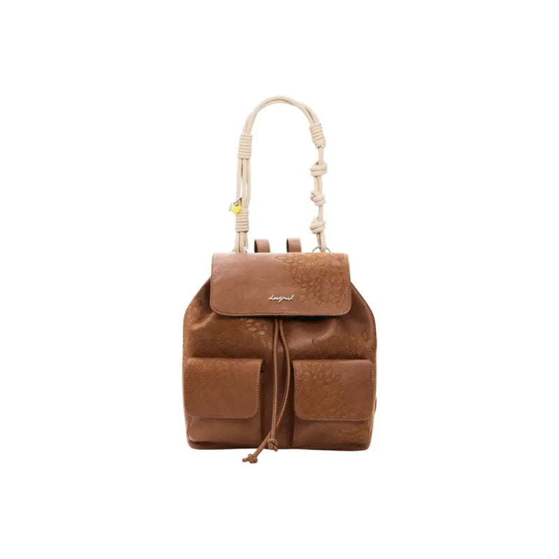 Desigual brown women bag with tan leather, floral embossed pattern, braided straps, and front pockets from spring summer collection