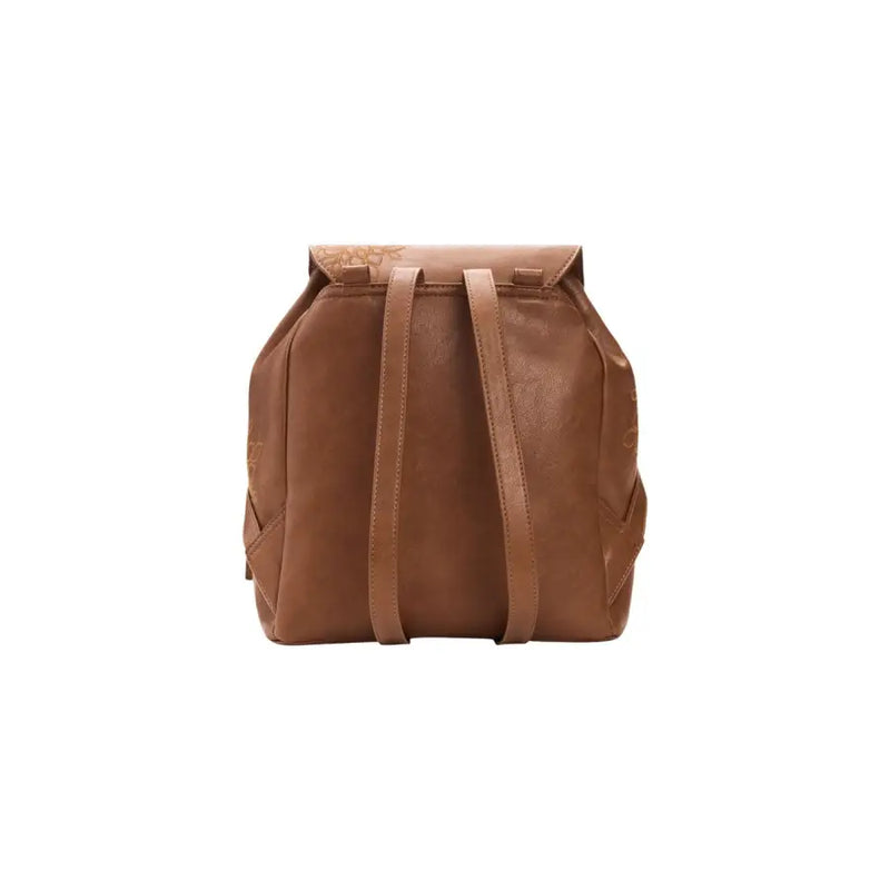 Desigual brown women bag tan leather backpack with embossed flap and matching straps spring summer collection