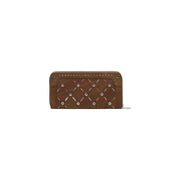 Desigual brown zip wallet for women with quilted leather, silver studs, pink accents