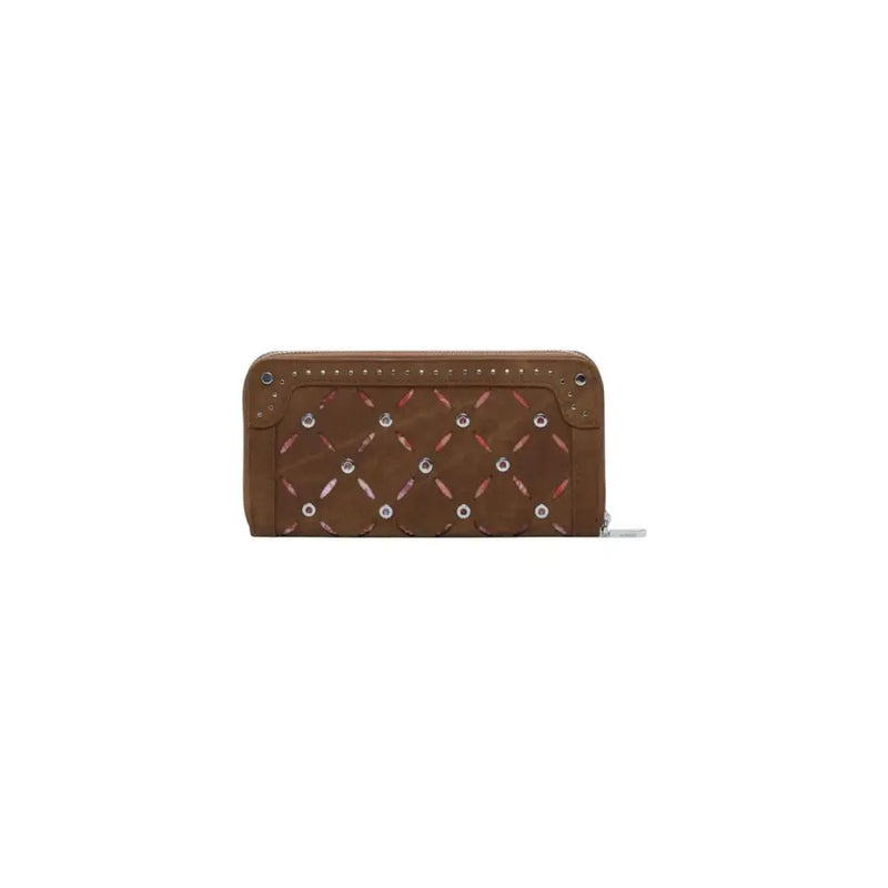 Desigual brown zip wallet for women with quilted leather, silver studs, pink accents