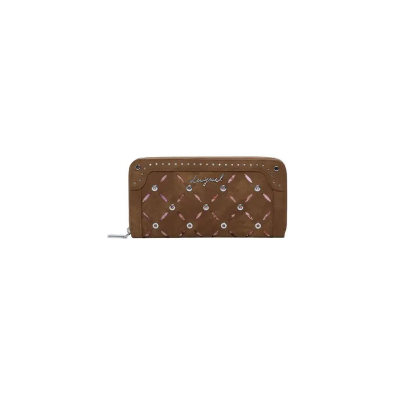 Desigual brown zip wallet for women with quilted leather and silver studs