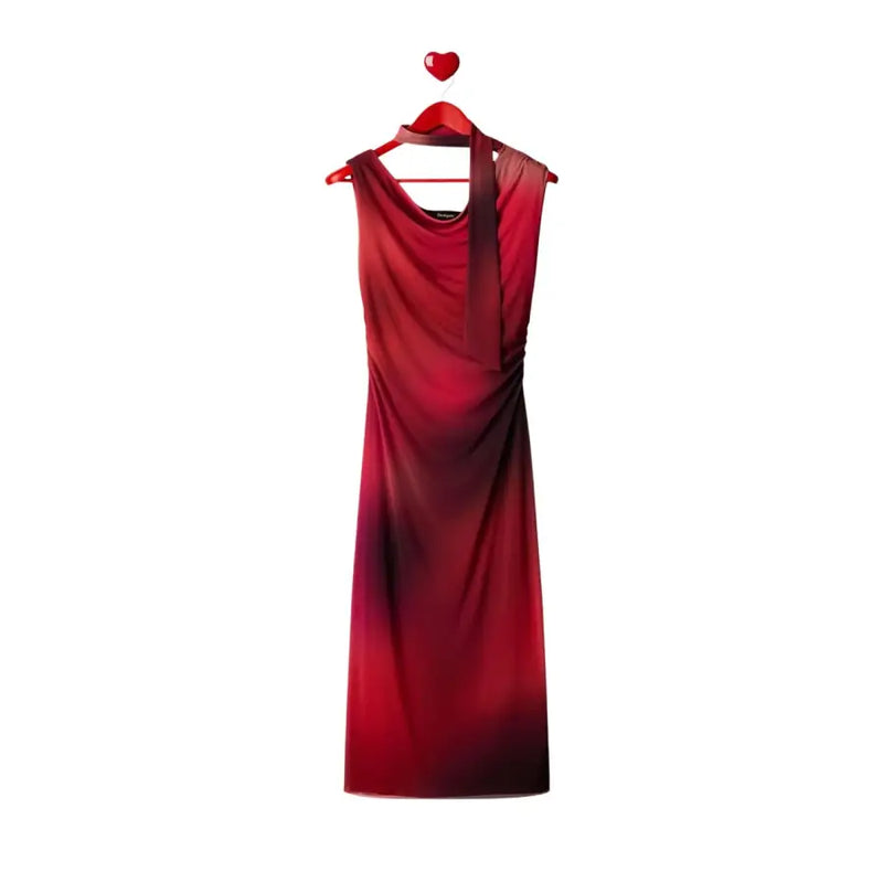Desigual fuchsia sleeveless boat neck dress with red-to-black gradient draped neckline and side seam detail hanging on wood