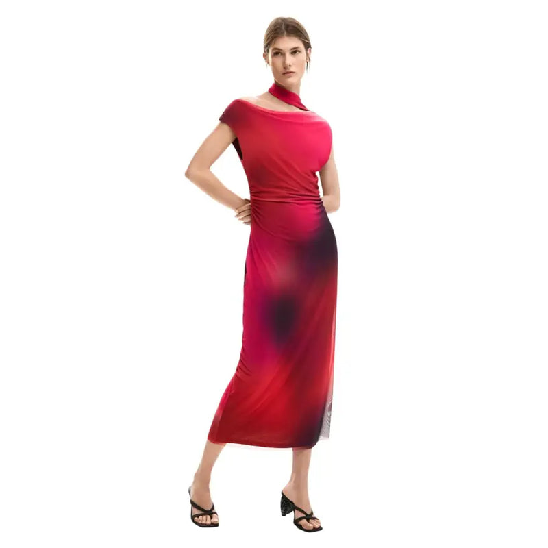Desigual fuchsia sleeveless boat neck dress for women with vibrant red-to-purple gradient and ruched waistband