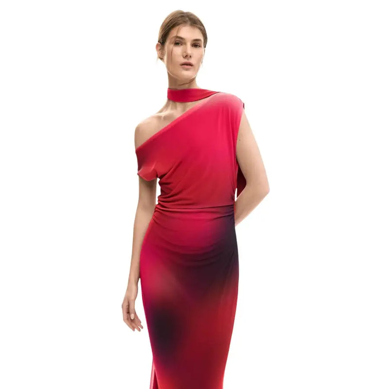 Desigual fuchsia sleeveless boat neck dress for women featuring a striking one-shoulder red-to-black gradient design