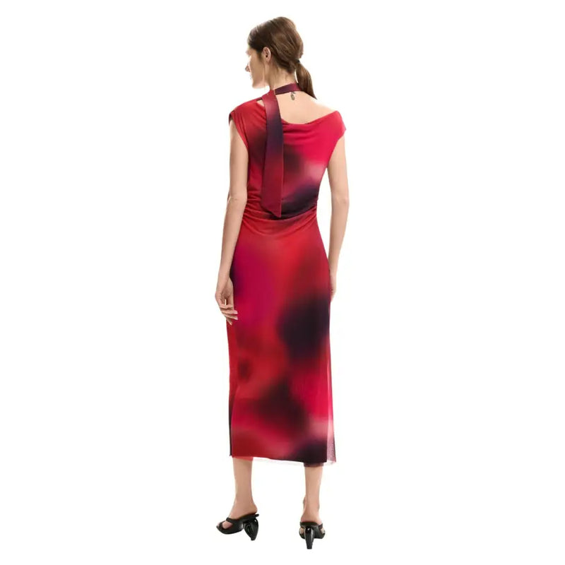 Desigual fuchsia sleeveless boat neck midi dress with flowing red and black gradient and draped back detail