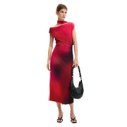 Desigual fuchsia sleeveless boat neck dress featuring a sleek asymmetrical red to black gradient midi design with draped shoulder detail