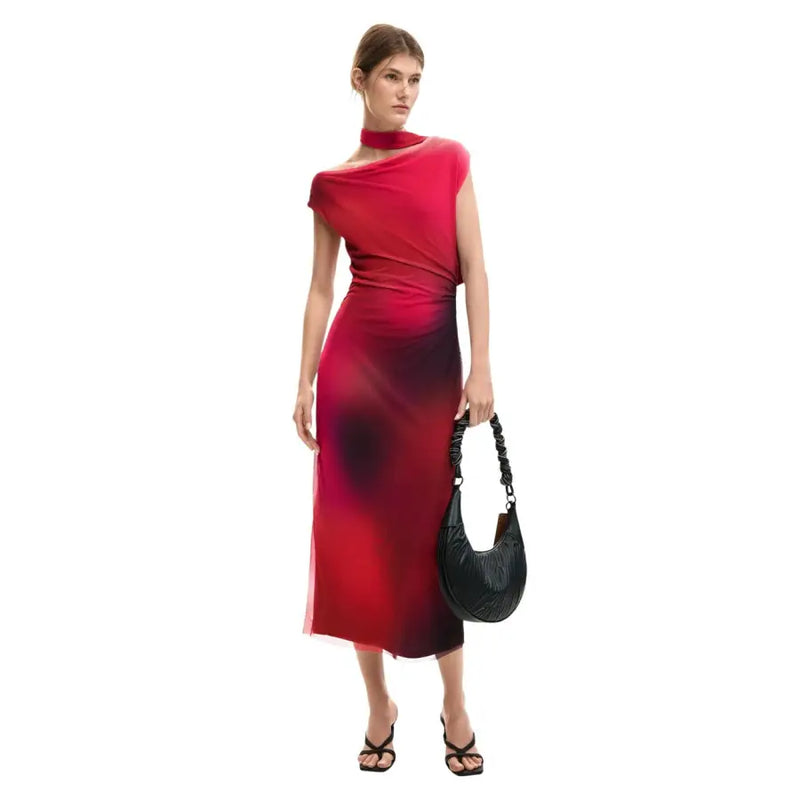 Desigual fuchsia sleeveless boat neck dress featuring a sleek asymmetrical red to black gradient midi design with draped shoulder detail