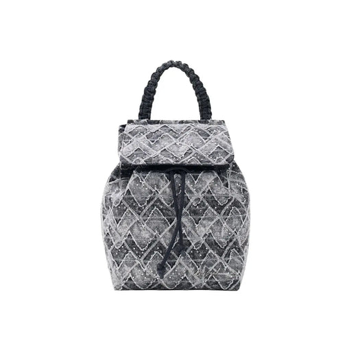Desigual grey cotton rucksack mini backpack with black and silver geometric pattern and braided top handle