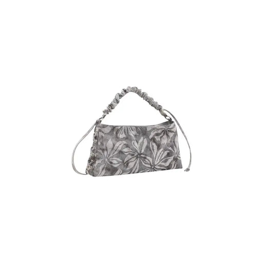 Sac à main Desigual en coton gris à motif floral, avec anse et bandoulière froncées.