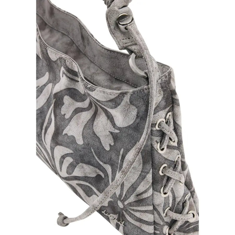 Desigual grey floral cotton handbag with lace-up detailing braided shoulder strap and zip pocket