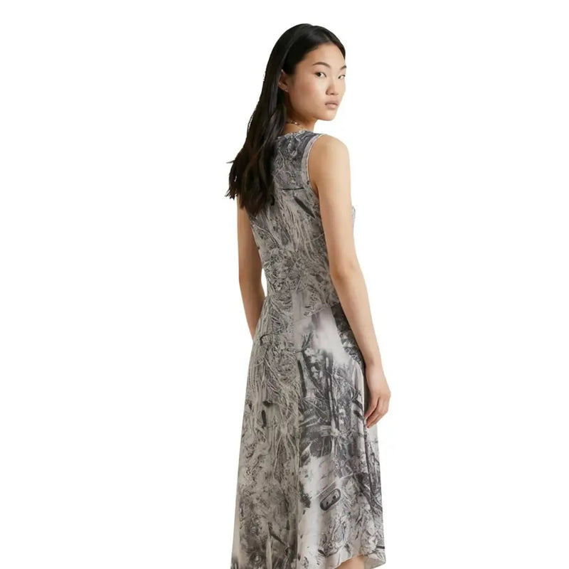Desigual grey print sleeveless dress in flowing fabric with intricate grayscale botanical pattern, floor-length design