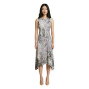 Desigual grey print sleeveless midi dress with asymmetrical hem and flowing monochrome botanical fabric