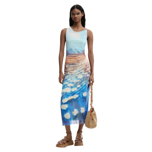 Desigual light blue sleeveless polyester midi dress with gradient sky blue to peach and abstract cloud pattern