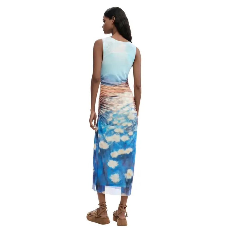 Back view of desigual light blue sleeveless polyester dress with gradient sky cloud print and ruched waist detailing