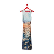 Desigual light blue sleeveless polyester dress with floor-length design and gradient sky and cloud print in soft hues