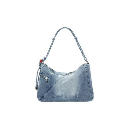 Sac à main Desigual bleu clair zippé avec bandoulière tressée et perle rouge décorative
