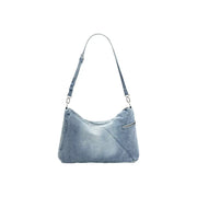 Desigual light blue zippered handbag made of light-wash denim with a single adjustable shoulder strap and silver hardware