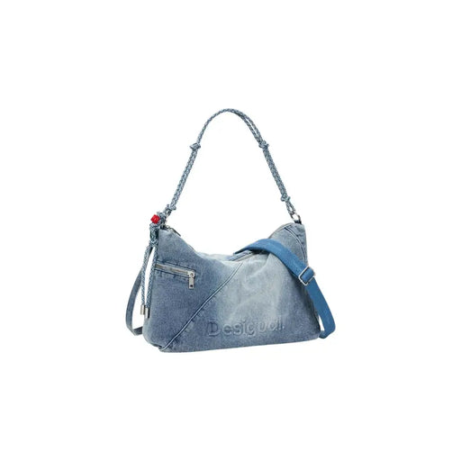 Denim shoulder bag with braided strap and blue accent panel in Desigual light blue zippered handbag with shoulder strap