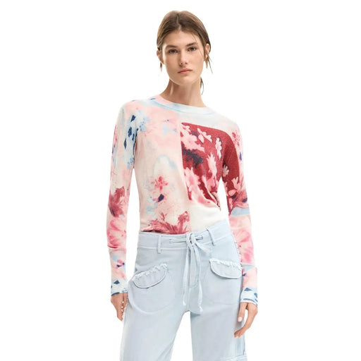 Desigual pink floral long sleeve viscose knitwear with soft watercolor floral pattern on light blue fabric
