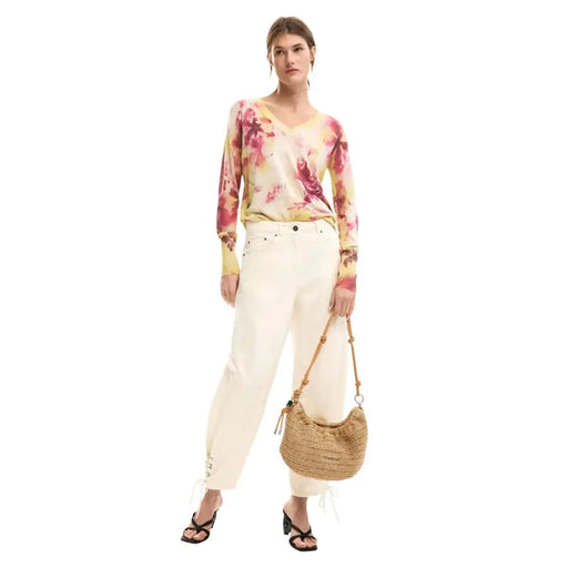 Sac à main Desigual rose à motif floral en paille tressée couleur camel