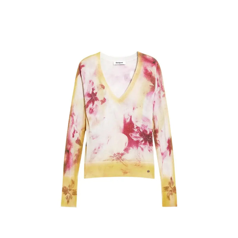 A soft long-sleeved v-neck knitwear for women by Desigual in pale yellow with vibrant pink floral patterns