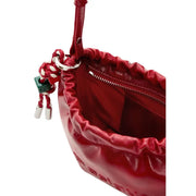 Desigual red polyester shoulder bag for women with glossy red leather bucket design and braided rope keychain with green lock
