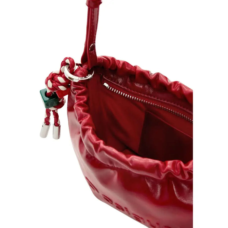 Desigual red polyester shoulder bag for women with glossy red leather bucket design and braided rope keychain with green lock