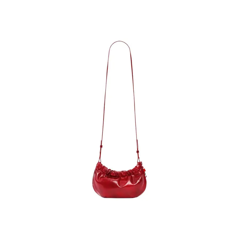 Desigual red polyester shoulder bag for women featuring a glossy leather crossbody design with ruched top and slender strap