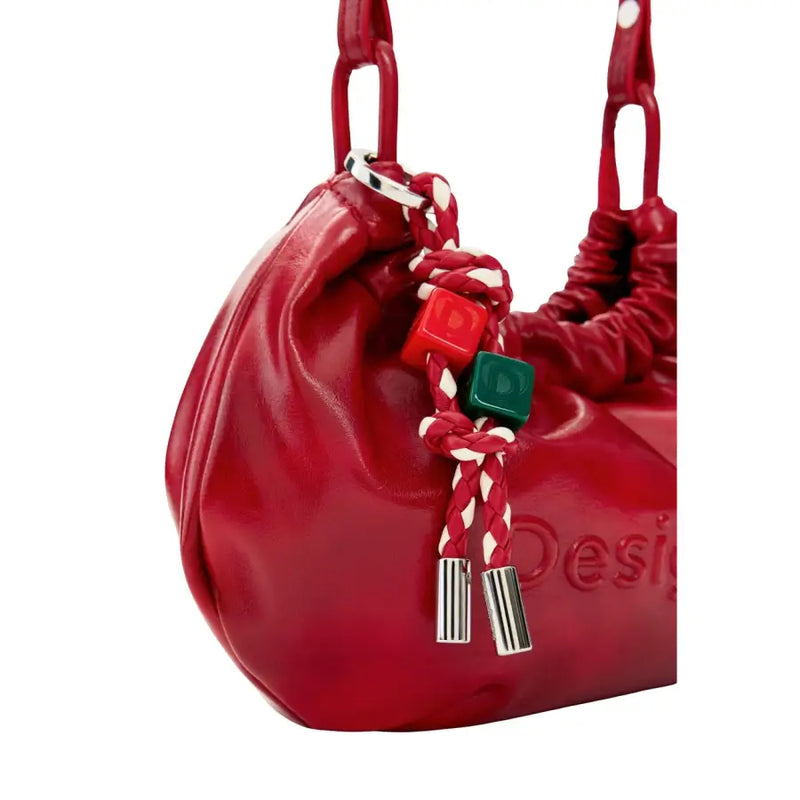 Desigual red polyester shoulder bag featuring glossy leather with braided rope and colorful cube bead charm detail