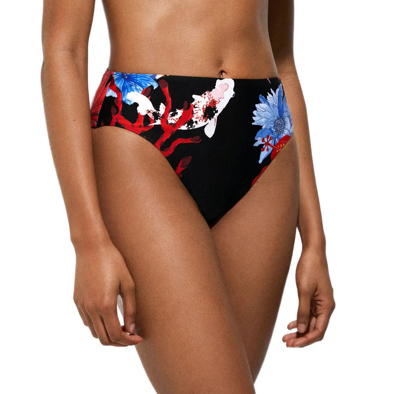 Black high-waisted Desigual women beachwear bikini bottom in polyamide with vibrant floral and koi fish pattern