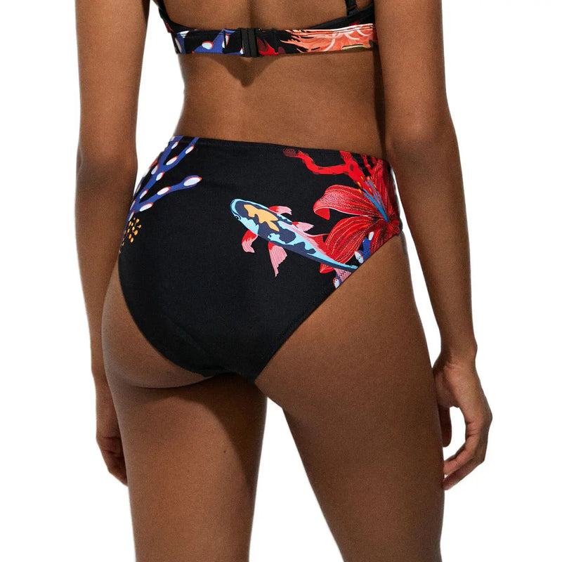 Black high-waisted polyamide bikini bottom with vibrant koi fish and red floral pattern from Desigual women beachwear