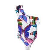 Desigual women beachwear white polyamide one-shoulder swimsuit with colorful butterfly prints