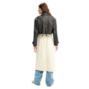 Black leather biker jacket with belted waist and rolled up sleeves shown from the front for women