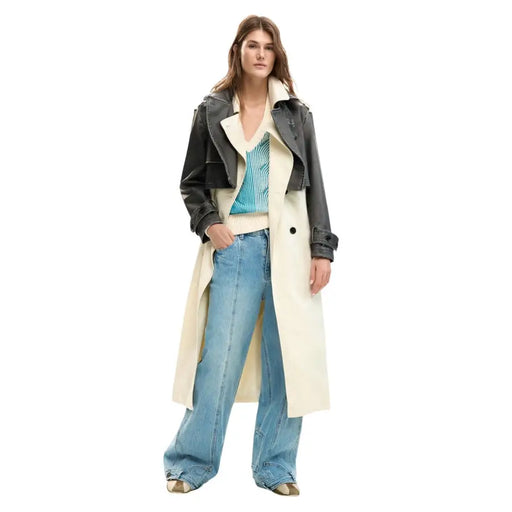 Desigual women beige belted blazer with pockets cream-colored trench coat black leather lapels and cuffs over striped top