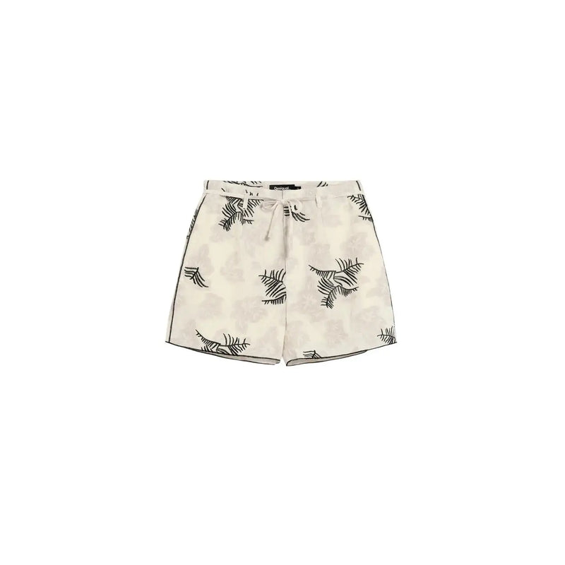 Desigual women beige cotton blend shorts with cream color, black fern leaf pattern, and drawstring waistband