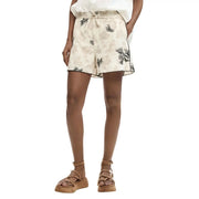 Desigual women beige cotton blend shorts featuring black fern embroidery and a drawstring waist for comfort