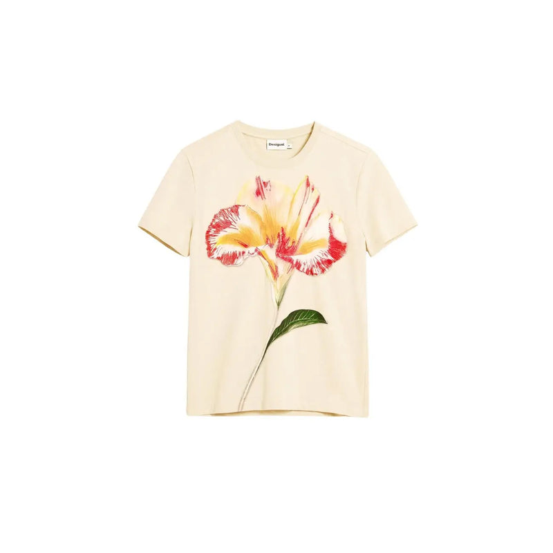 Desigual women beige floral cotton round neck t shirt with a vibrant hand-painted flower design on the front