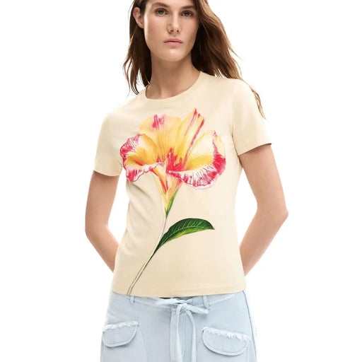 T-shirt Desigual pour femme en coton beige, col rond et imprimé floral jaune et rose vif sur la poitrine