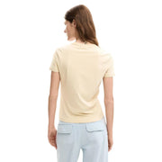 Desigual women beige floral cotton round neck t shirt soft cream short sleeves with subtle seam detailing