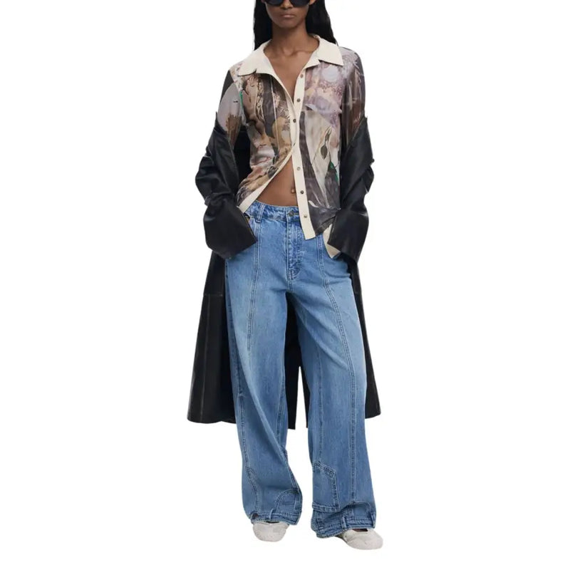 Desigual womens beige floral long-sleeve shirt with black leather sleeves