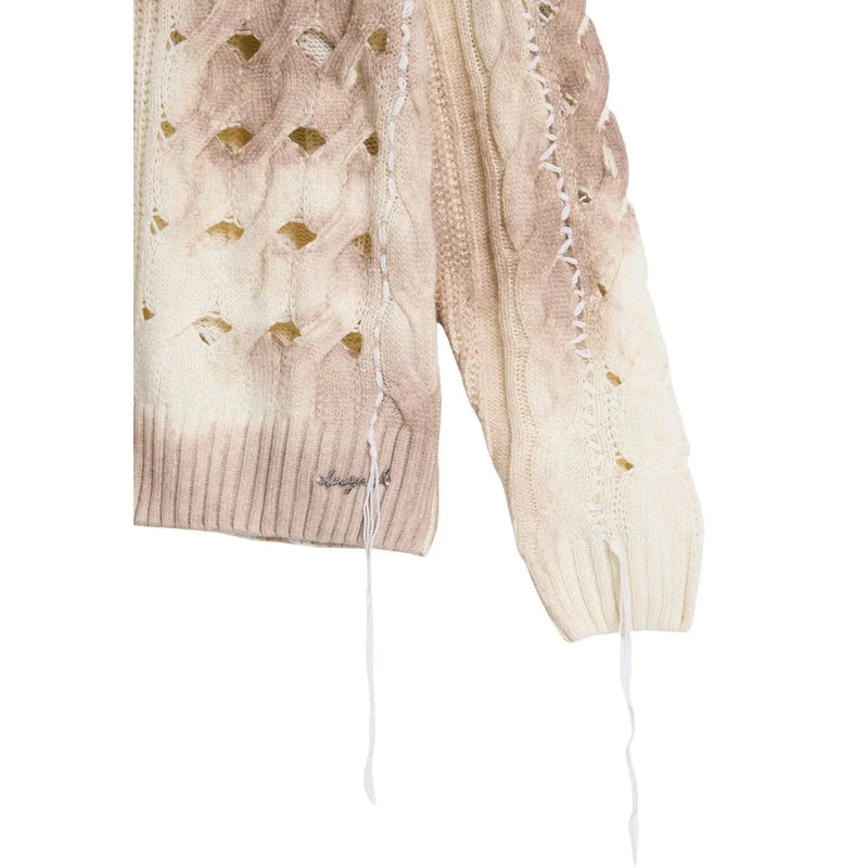 Pull Desigual pour femme, beige, en maille de laine mélangée, col rond, motif torsadé et détails usés