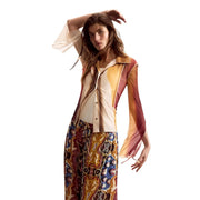Desigual women beige long sleeve classic shirt with flowing multi-colored silk fabric sheer overlay and bell sleeves