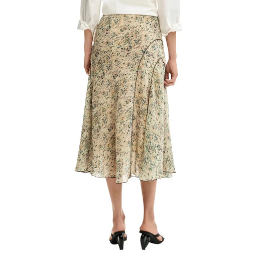 Jupe fluide mi-mollet en polyester beige à motif floral abstrait vert et noir, signée Desigual, idéale pour le printemps-été.