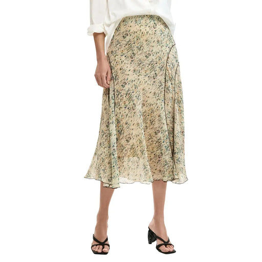Jupe fluide mi-mollet beige en polyester à motifs floraux verts et noirs signée Desigual pour le printemps-été