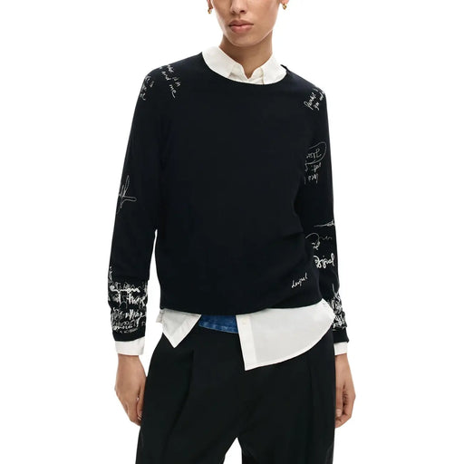 Desigual beige print long-sleeve knit sweater with black script details