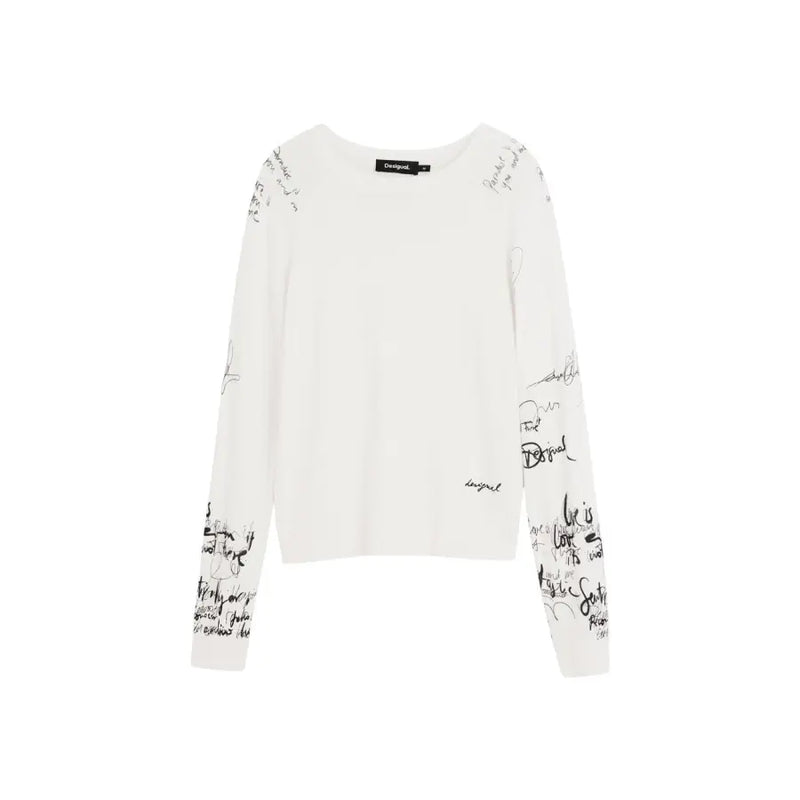 White long sleeve knitwear with black handwritten print featuring desigual label at the neckline for women