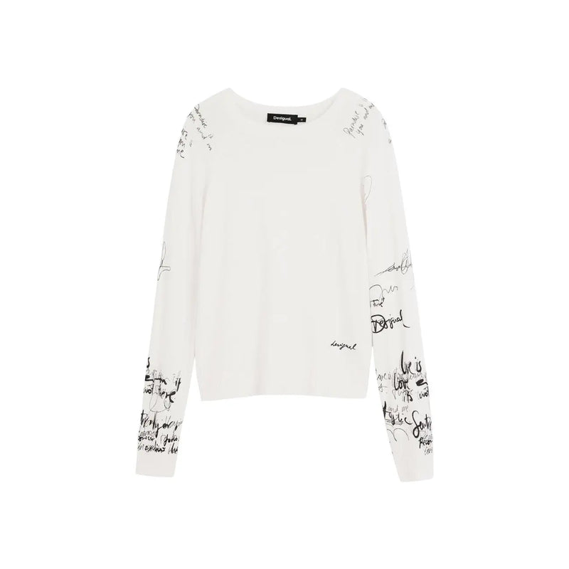 White long sleeve knitwear with black handwritten print featuring desigual label at the neckline for women